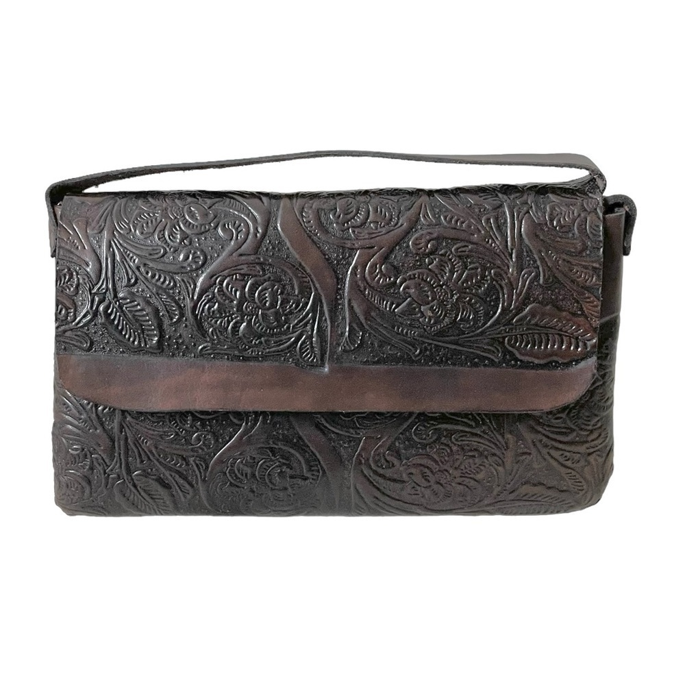 HANDMADE Vintage Boho Leather Hand Tooled Convertible Clutch Bag Purse Brown